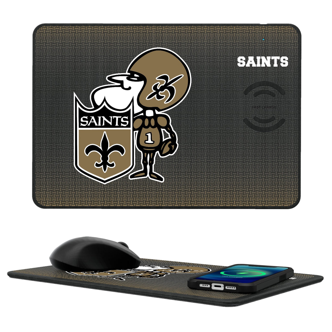 New Orleans Saints Historic Collection Linen 15-Watt Wireless Charger and Mouse Pad-0