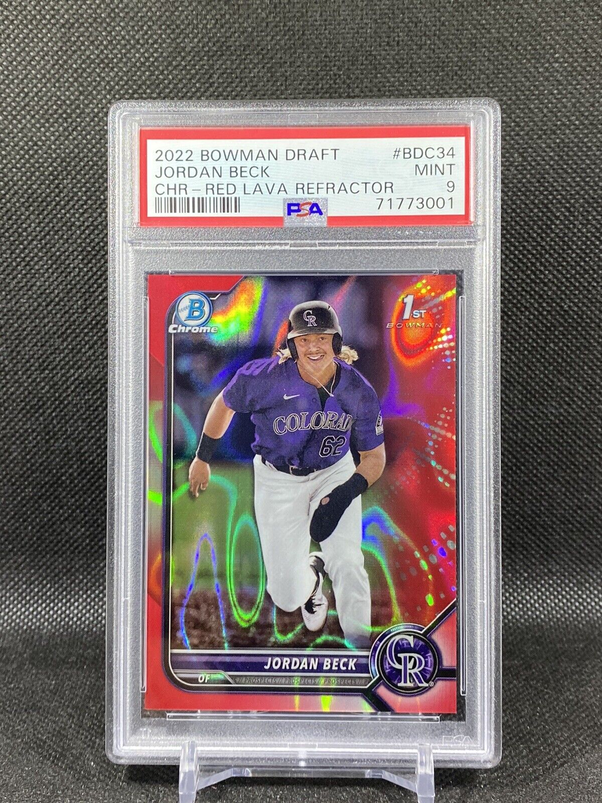 2022 Bowman Draft Red Lava Refractor Jordan Beck 1st #d 5/5 Rockies